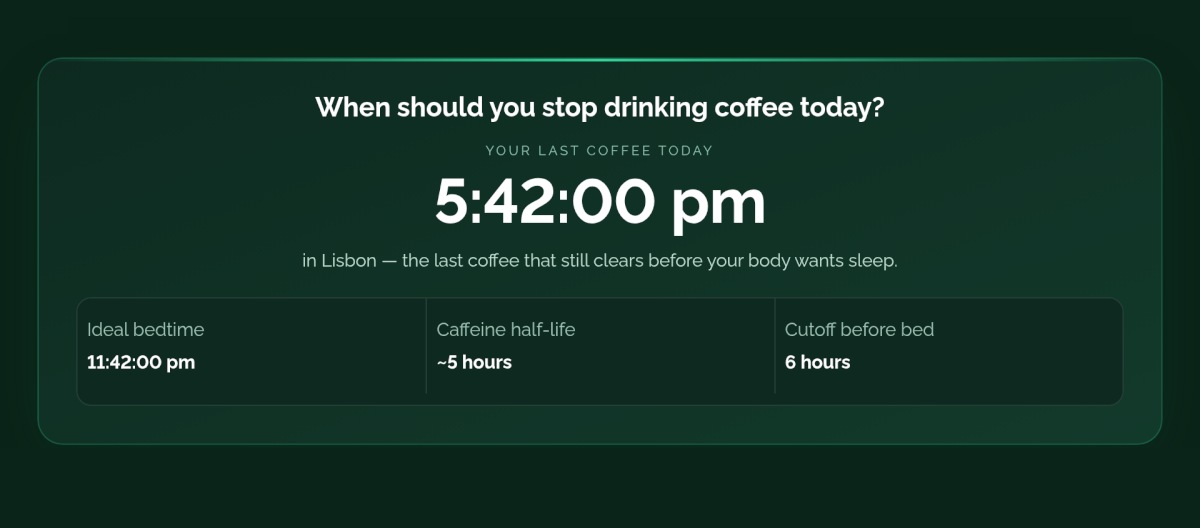 The Cycles Arc coffee tool: your last coffee today is 5:42:00 pm in Lisbon, with ideal bedtime, caffeine half-life and cutoff before bed