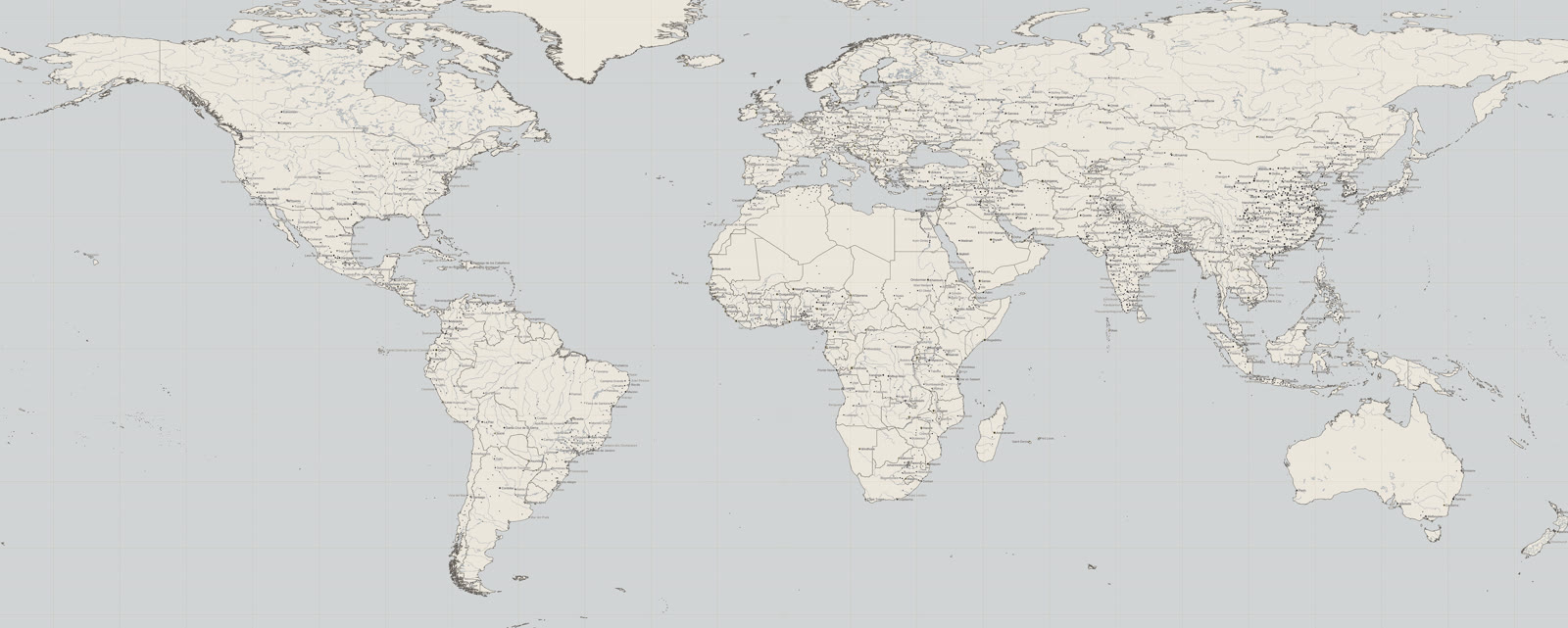 The world drawn as borders, rivers and cities at hairline weight